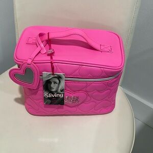 Paris Hilton Sliving Pink Glo Neon & Silver Train Case & Heart Mirror